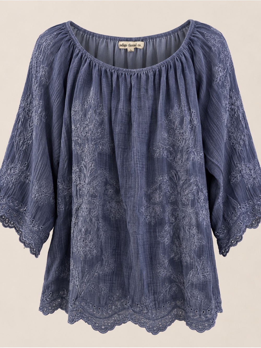 Indigo Thread Co Blue Embroidered Peasant Blouse L Boho Gauze